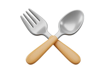A crossed fork and spoon with light brown handles on a simple isolated presentation view render design on transparent background
