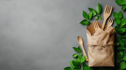 A thoughtful arrangement of eco-friendly cutlery wrapped in paper, decorated with fresh leaves, promoting sustainable dining practices and environmental consciousness.