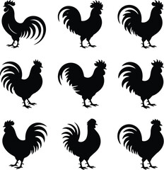 Crowing Rooster Silhouette Collection – Morning Farm Icons Rooster Crowing Icon Silhouette Set – Farm Animal Vector Pack