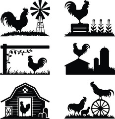 Crowing Rooster Silhouette Collection – Morning Farm Icons Rooster Crowing Icon Silhouette Set – Farm Animal Vector Pack