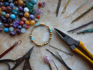 Top View of Handmade Jewelry Making with Gemstone Beads, Crafting Tools, and Bracelet on Marble Surface – DIY Beading and Artisan Craft Supplies