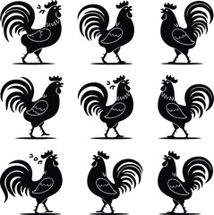 Crowing Rooster Silhouette Collection – Morning Farm Icons Rooster Crowing Icon Silhouette Set – Farm Animal Vector Pack