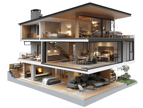 Three-story house cutaway, detailed interior view