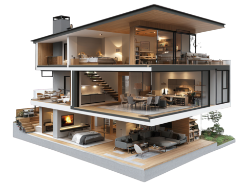 Three-story house cutaway, detailed interior view