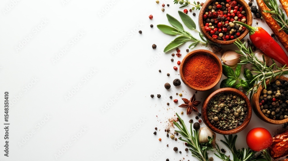 Poster an artistic arrangement of various spices and herbs showcases a burst of colors and textures, emphas