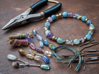 Handmade Jewelry Making Tools with Colorful Beads and Beaded Bracelet – DIY Craft and Artisan Accessories