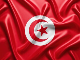 Top-down view of a badly creased silk flag of tunisia