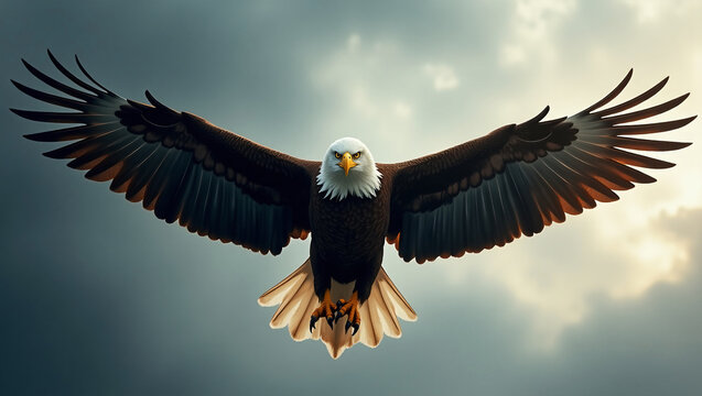 Majestic eagle with wings spread mid-flight, hyper-detailed feathers and focused gaze, standing out against a blurred sky and mountain backdrop. Perfect for symbolizing freedom, power, and strategic v