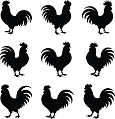 Crowing Rooster Silhouette Collection – Morning Farm Icons Rooster Crowing Icon Silhouette Set – Farm Animal Vector Pack