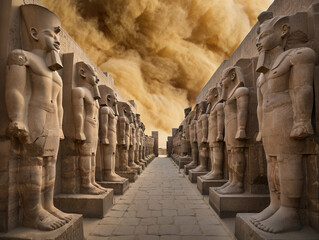 Karnak Temple Statues Amidst Swirling Desert Sandstorm, Egypt