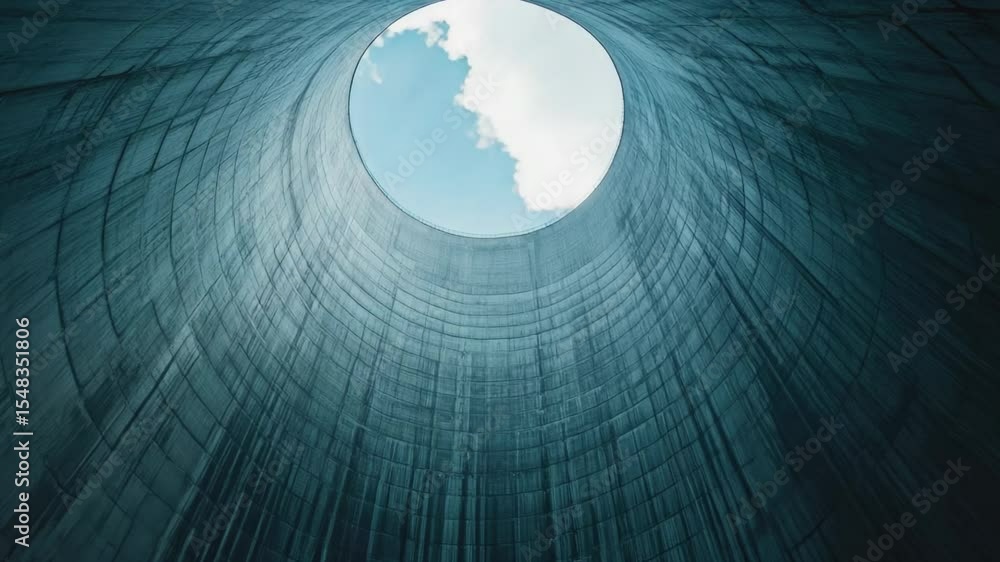 Poster a skyscraper with a cloud or fog situated inside, surrounded by cityscape