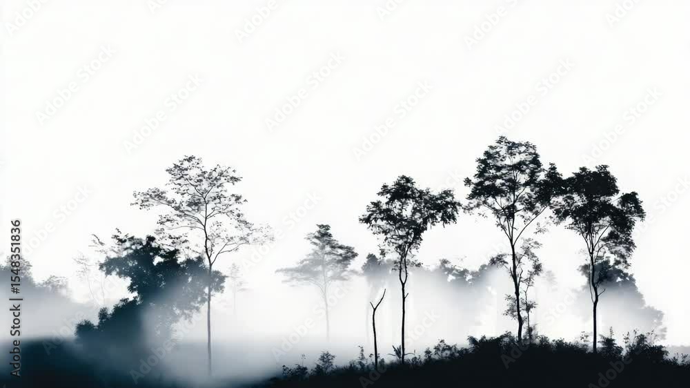 Poster a black and white photograph of trees shrouded in fog, creating a mysterious atmosphere