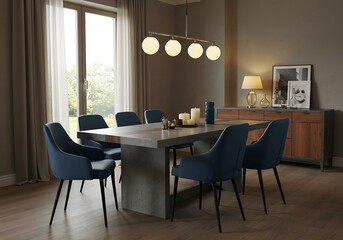 Elegant Dining Area- Modern Seating and a Distinctive Concrete and Wood Table