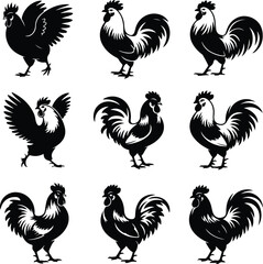 Crowing Rooster Silhouette Collection – Morning Farm Icons Rooster Crowing Icon Silhouette Set – Farm Animal Vector Pack