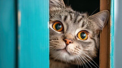 A close-up image showcasing an inquisitive cat peering from behind a wooden door frame, revealing its bright eyes and adorable expression that evokes curiosity and warmth.