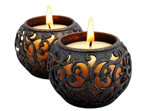 Two ornate candle holders with flames