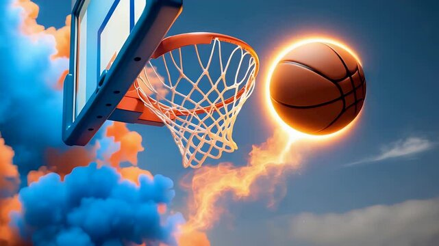 Basketball Mid-Air Shot Heading Into Hoop with Exploding Colorful Smoke Trail