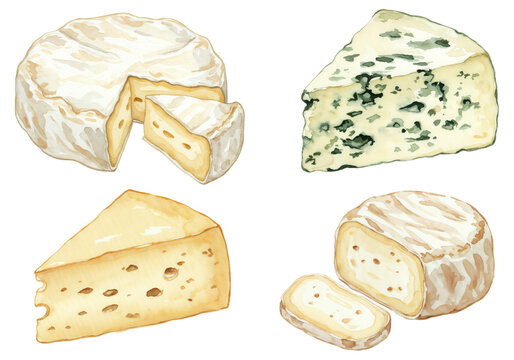 Watercolor cheese set isolated elements for gourmet packaging and menu design