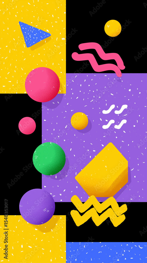 Poster bright geometric shapes in various colors and sizes arranged dynamically on a playful background. id