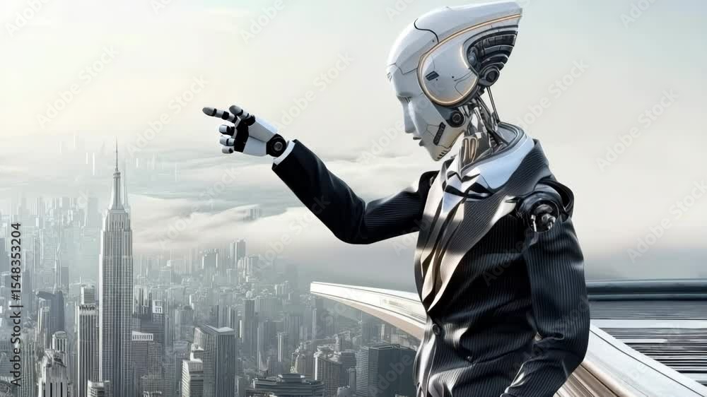 Poster A robot manager on the roof of a building looks at a metropolis, pointing into the distance, a symbol of future technologies. The concept of AI in business and urban development.