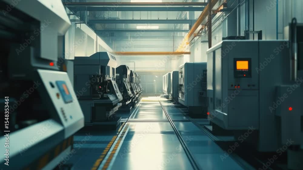 Poster a large factory space filled with rows of industrial machines