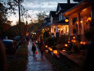 Children Trick-or-Treating on Halloween Evening in Spooky Decorated Neighborhood – Autumn Festivity and Halloween Night Tradition