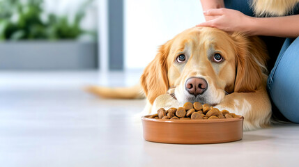 Golden Retriever near to dry dog food bowl refusing to eat, comforted by its owner hand. Concept of illness, chronic disease leading to reduced appetite and feeding difficulties in pets. Copy space