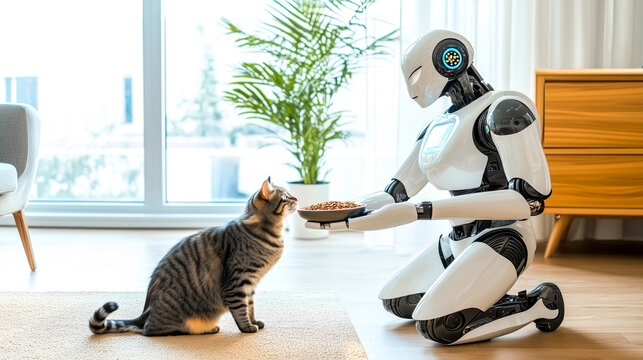 White humanoid robot kneels while feeding, offering food to a cat in a cozy modern home. Concept of AI driven domestic pet care, smart home automation, and robotic assistant in daily life
