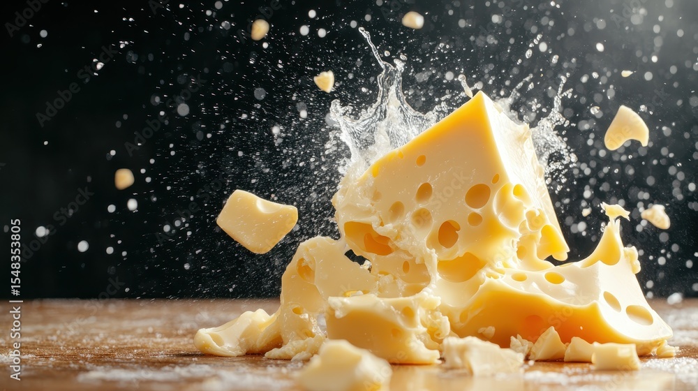 Poster an action-packed image of a cheese block dramatically splitting and sending pieces flying, capturing