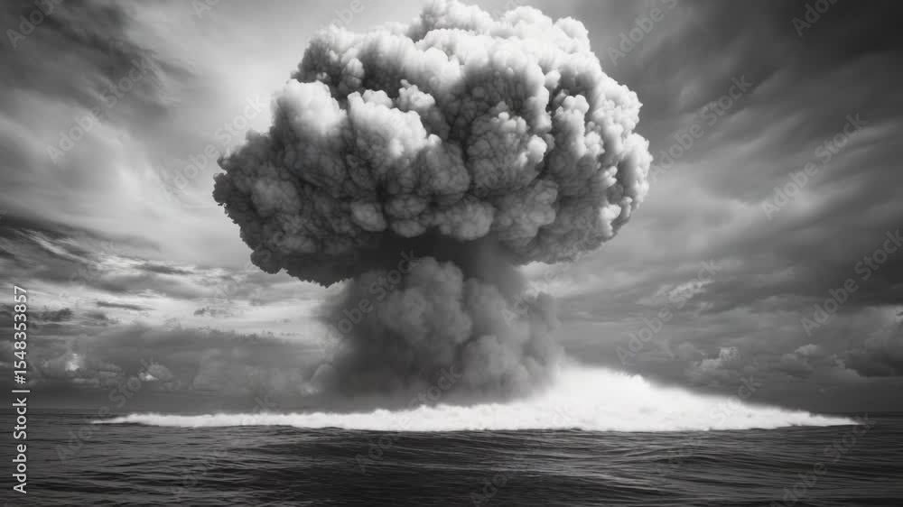 Poster a black and white image of a massive mushroom cloud in the sky, symbolizing power and destruction