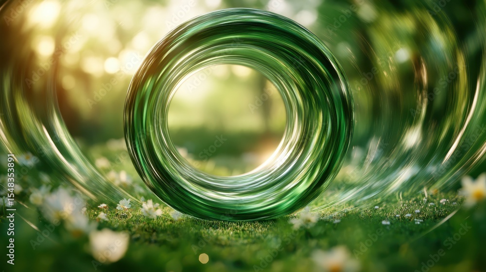 Poster a stunning green circular abstract structure is set in a tranquil natural environment, harmonizing t