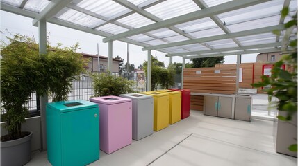 Colorful waste bins arranged neatly in an outdoor recycling area surrounded by greenery in a modern urban setting