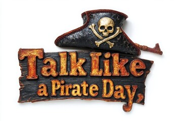 Talk like a pirate day sign with skull and crossbones on a white background
