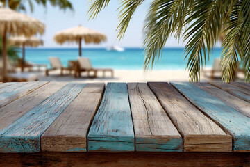 Rustic Wooden Beach Table Turquoise Blue Beach Background