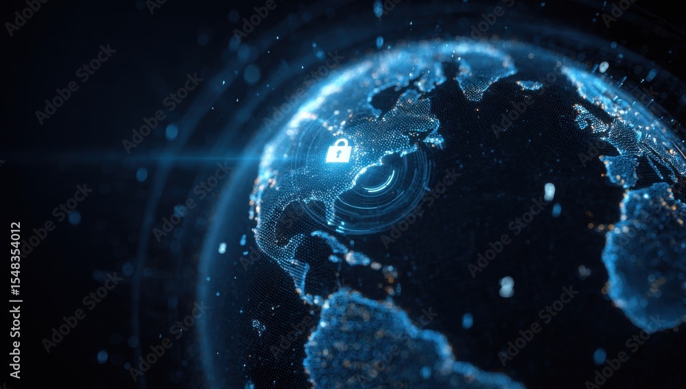 Poster a digital globe with multiple layers of data points and graphs, with an illuminated padlock icon in 