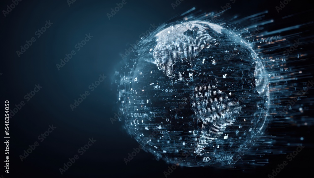 Poster a digital globe with lines of code and data flowing around it, illustrating global cybersecurity or 
