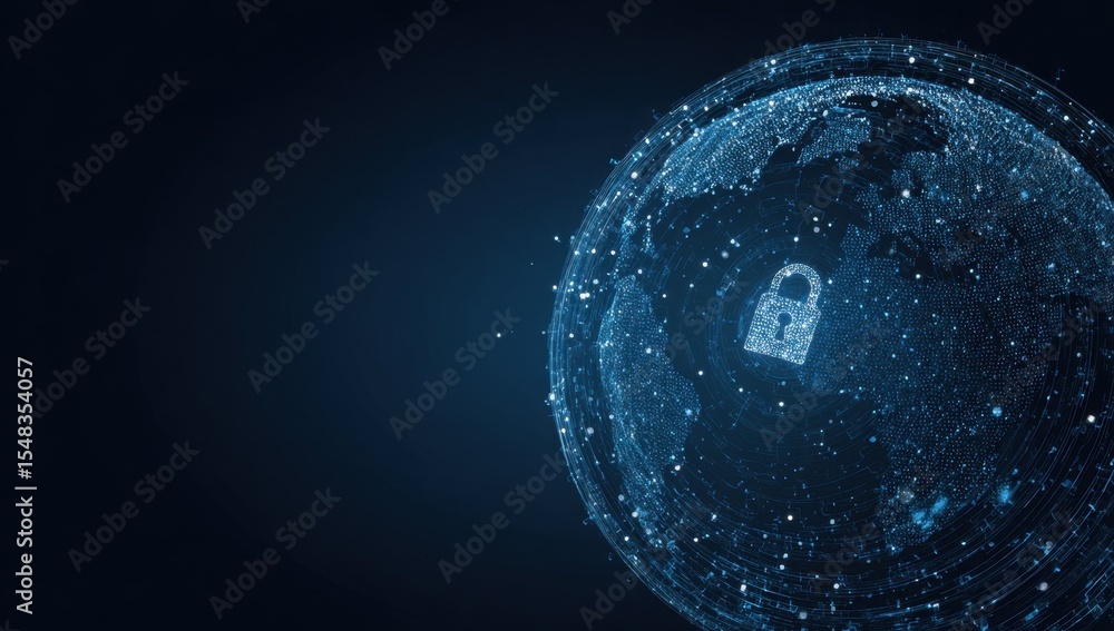 Poster a digital globe with data points and lines, in the center of which is an icon of a padlock symbolizi