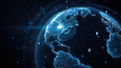 A digital globe with multiple layers of data points and graphs, with an illuminated padlock icon in the center representing global security Generative AI