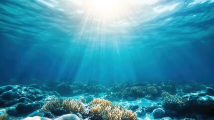 Fototapeta premium A mesmerizing underwater view showcasing vibrant coral reefs illuminated by sunlight, creating a serene and tranquil atmosphere filled with aquatic beauty.