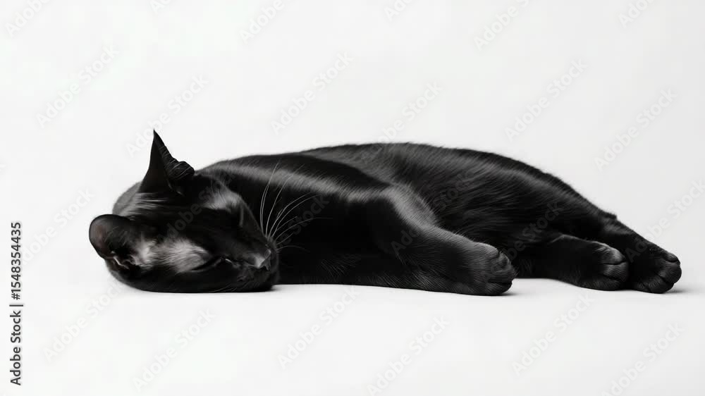 Poster a black cat is lying down on a white surface, waiting for something