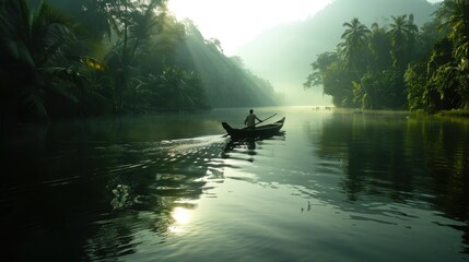 A solitary figure gracefully paddles a boat across a serene, misty lake at dawn, evoking tranquility, reflection, and the beauty of nature in a peaceful environment.