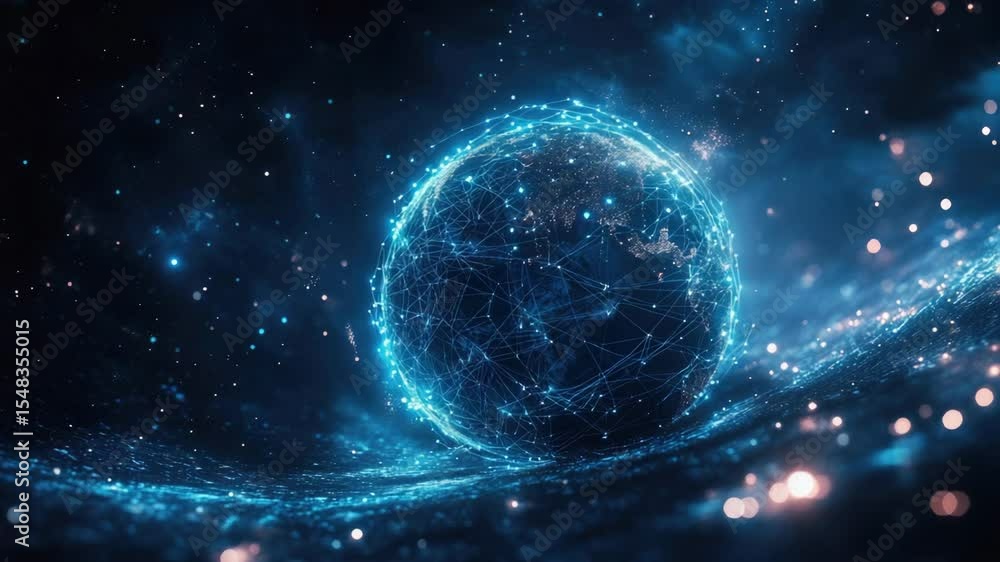 Poster a 3d representation of celestial bodies with a network of stars in the background, ideal for sci-fi 