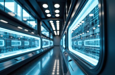 Obraz premium Modern futuristic corridor with illuminated digital screens and sleek design