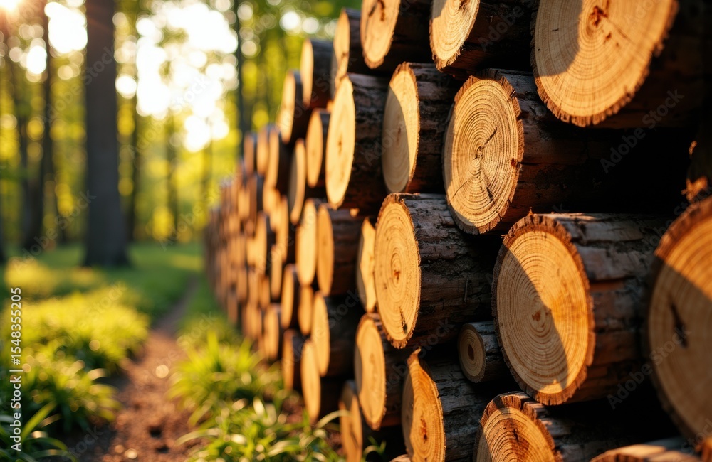 Poster stacked logs in a forest setting with sunlight filtering through trees