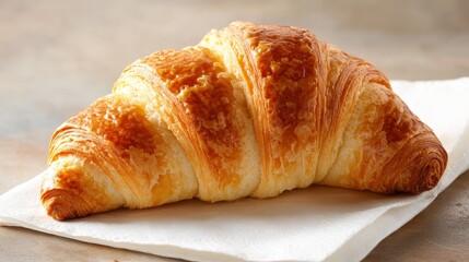 A delicious, freshly baked croissant placed elegantly on a white cloth backdrop, showcasing its flaky texture and inviting golden crust, perfect for breakfast or brunch.