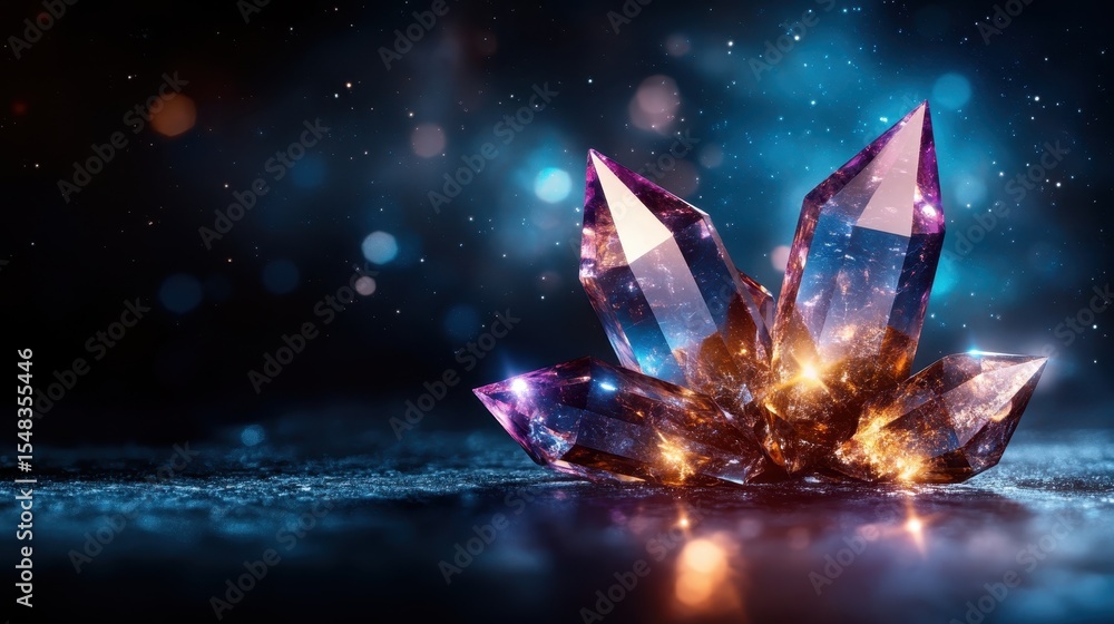 Poster an enchanting display of colorful, shining crystals sits against a cosmic backdrop, reflecting light