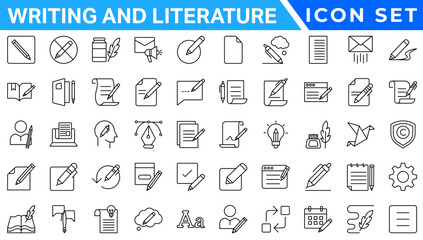 Writing and literature trendy minimal icons. Containing page, book, pencil, handwriting, creativity, art and more. UI icon set in a thin design. Minimalistic linear icons.