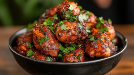 Fototapeta premium A mouth-watering plate of spicy chicken wings generously garnished with fresh herbs, perfect for any gathering or special occasion, bursting with flavor.