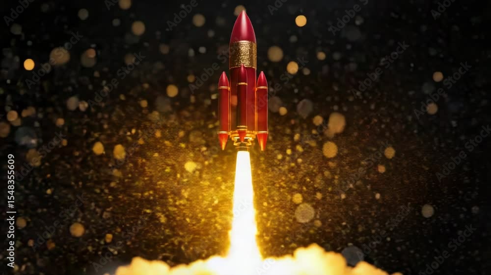 Poster a bright red rocket blasting off into the clear blue sky with flames and smoke trailing behind