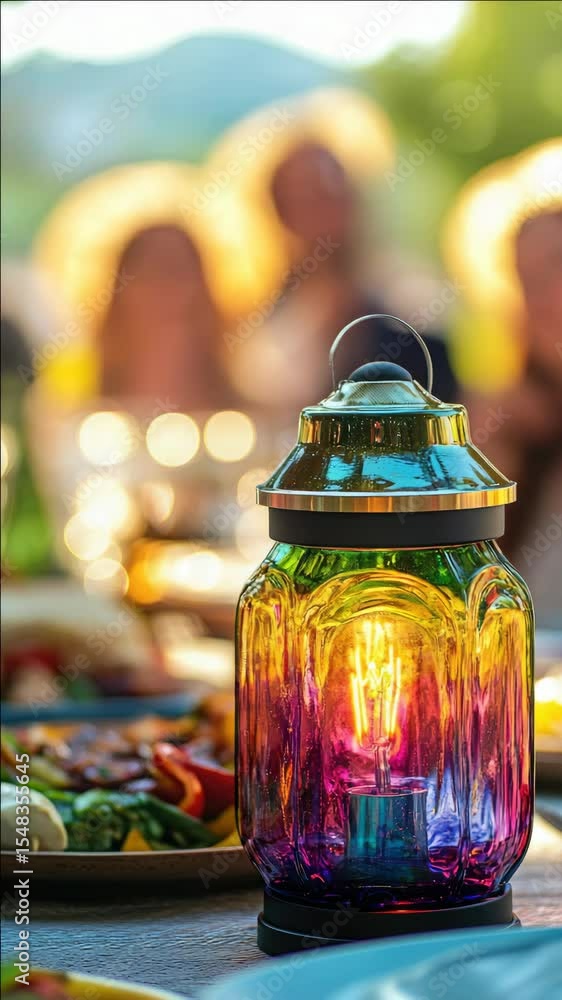 Poster handmade lantern with vibrant colors adds a festive touch to the dinner table, creating a warm and i
